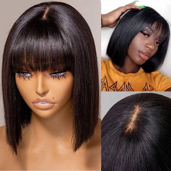 HUMAN HAIR Brazilian 10” Short Black Straight Bob Wig w/Bangs 2X1 HD Lace Scalp - Picture 3 of 11